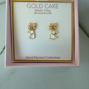 Gold Cake Bunny Rabbit Mini Dangle Sterling Silver Hand Painted Bow Earrings NWT